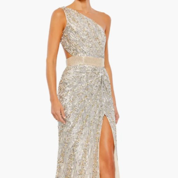 MAC DUGGAL ONE SHOULDER SEQIN BEADED LACE UP BACK NUDE SILVER GOWN sz 4 - Picture 4 of 6